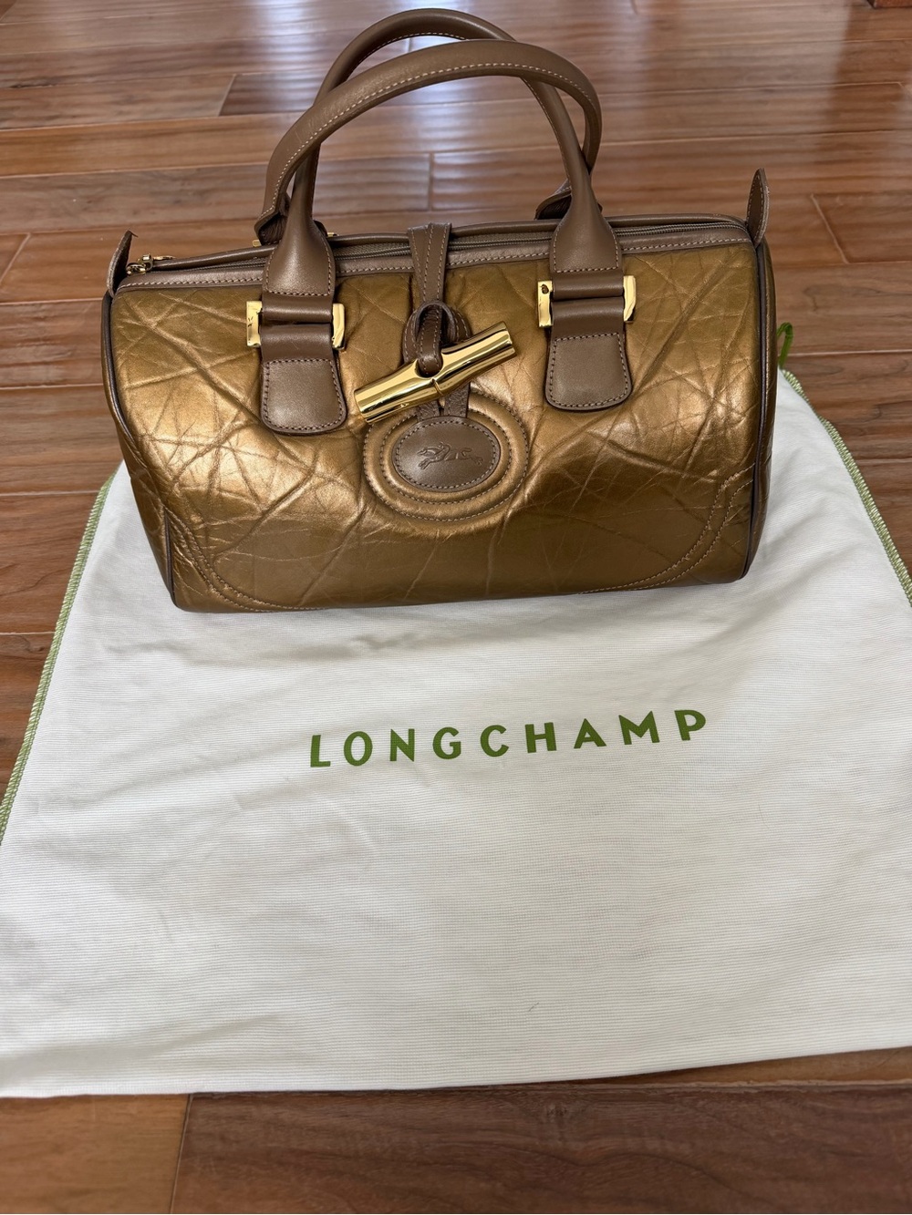 Longchamp Le Roseau Metallic Bronze Satchel Bag Made in France
